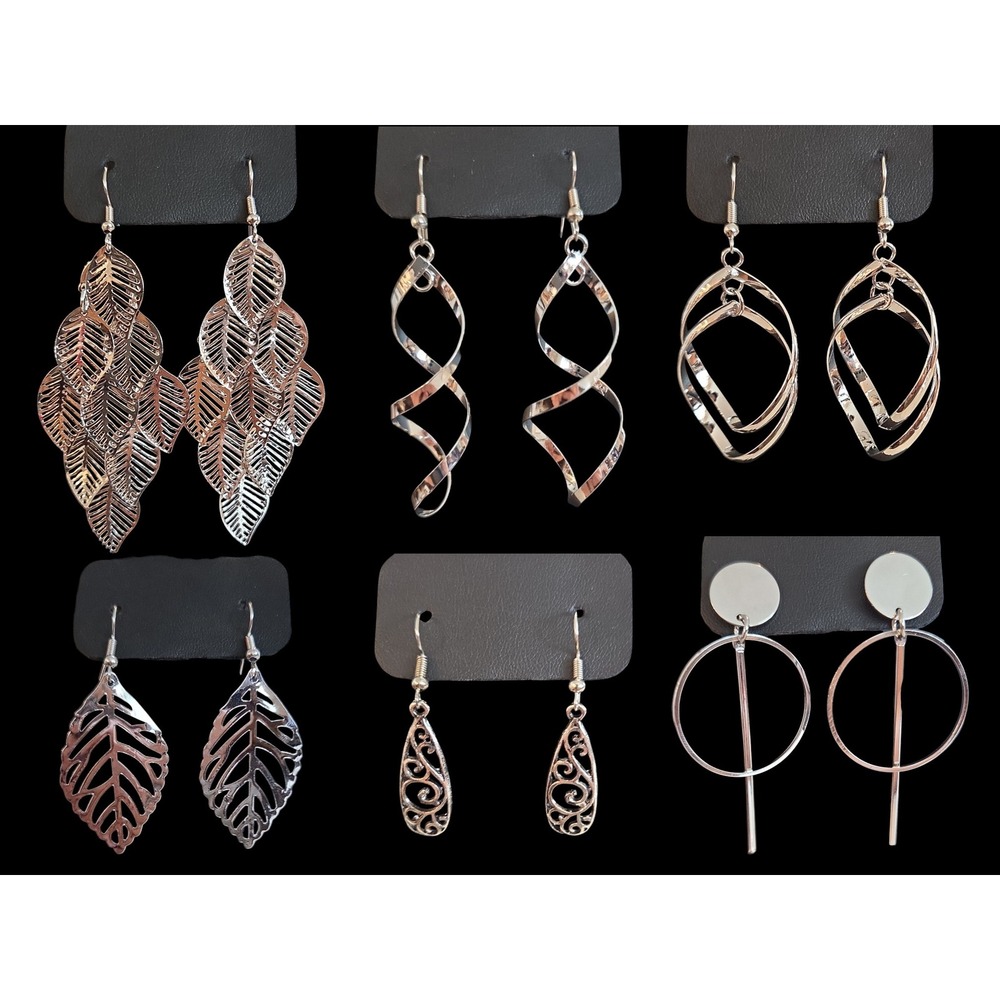 6 Pair Silver Tone Earring Set‎ Leaf Spiral Filigree Geometric Drop Dangle NEW